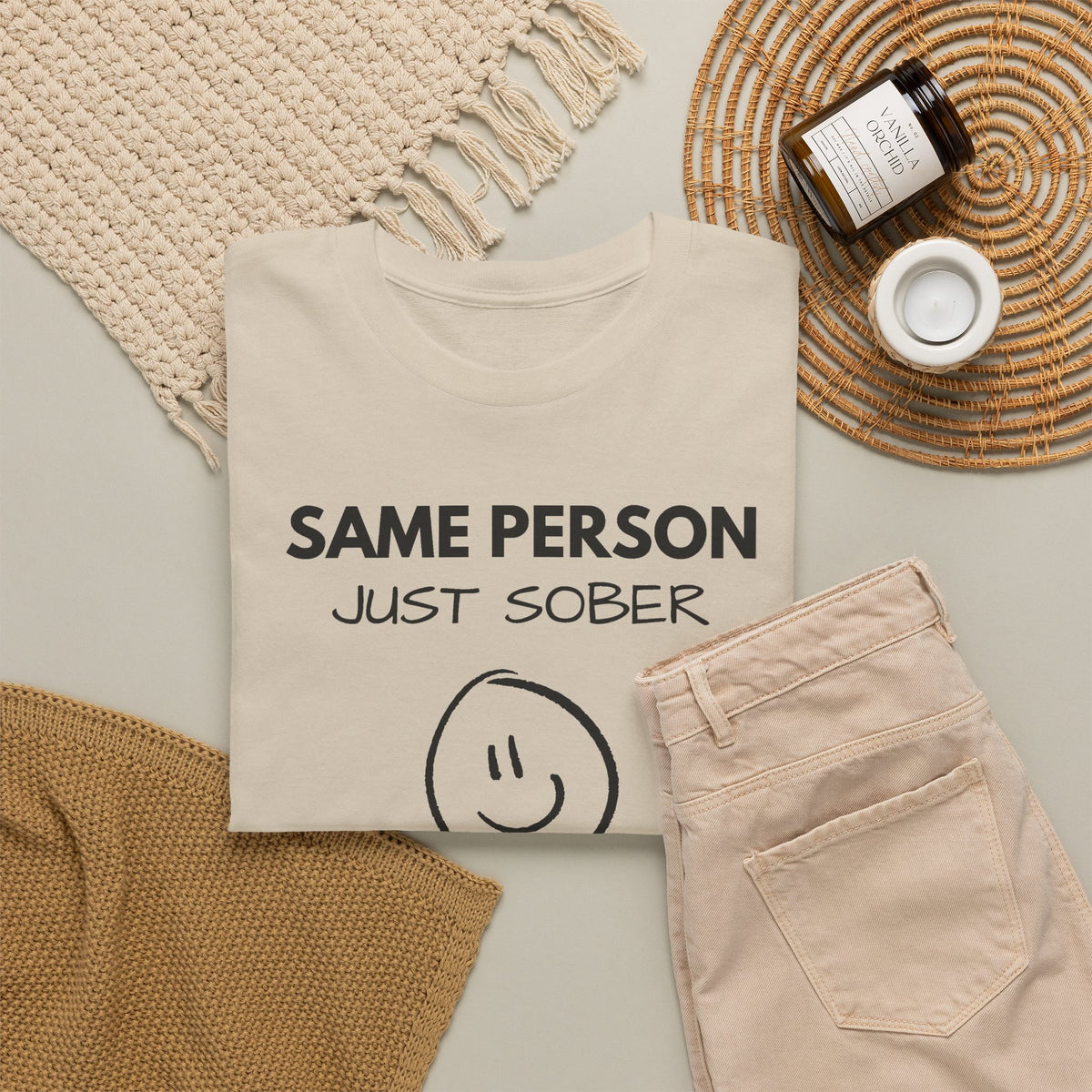 Same Person Just Sober T-Shirt — Recovery Sobriety Tee with Smiley Design
